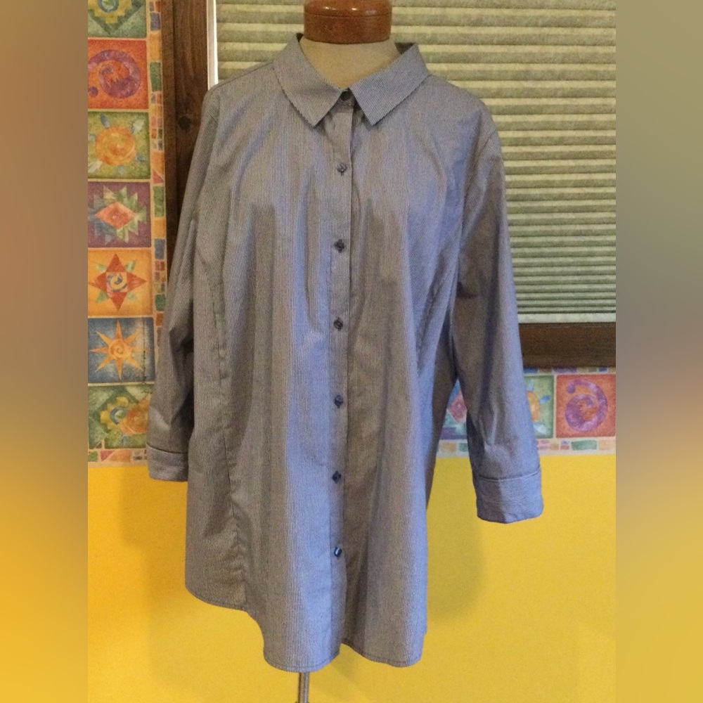 Worthington Woman Blue & White Striped Button-Up Dress Shirt (2X)